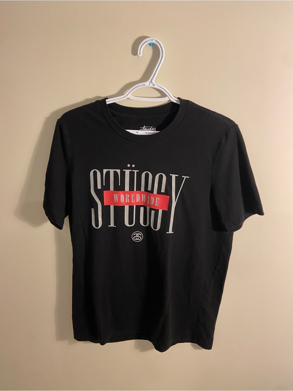 Stussy Black Tee with Red Worldwide Banner